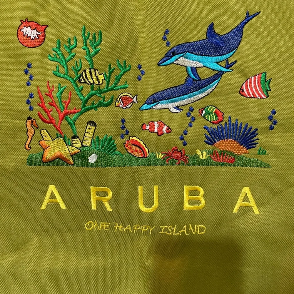 Aruba Avocado Green Embroidered Sea life Large vacation Travel Beach Tote bag